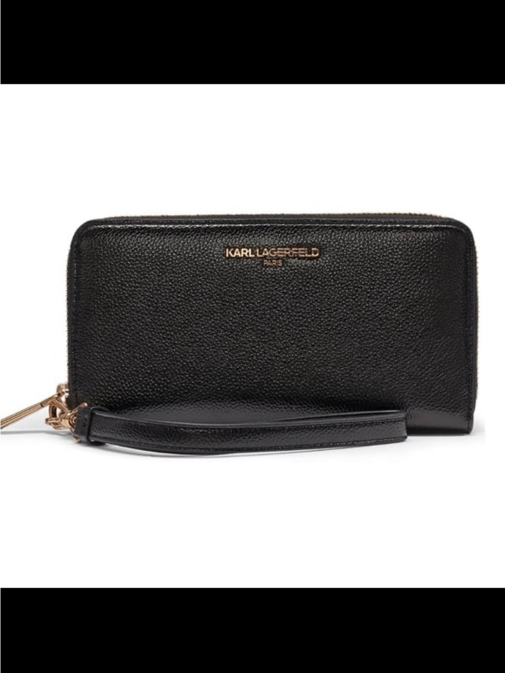 Karl Lagerfeld Black Pebbled Leather Zip Wristlet with Gold Logo